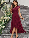 Global Latest Style French Christmas Exclusive Women'S Wear Elegant Dress Slim Lace Hollow Out Patchwork Solid Color No Print Wedding Guest Outfit Short Sleeve Round Neck Dress - Deep Red