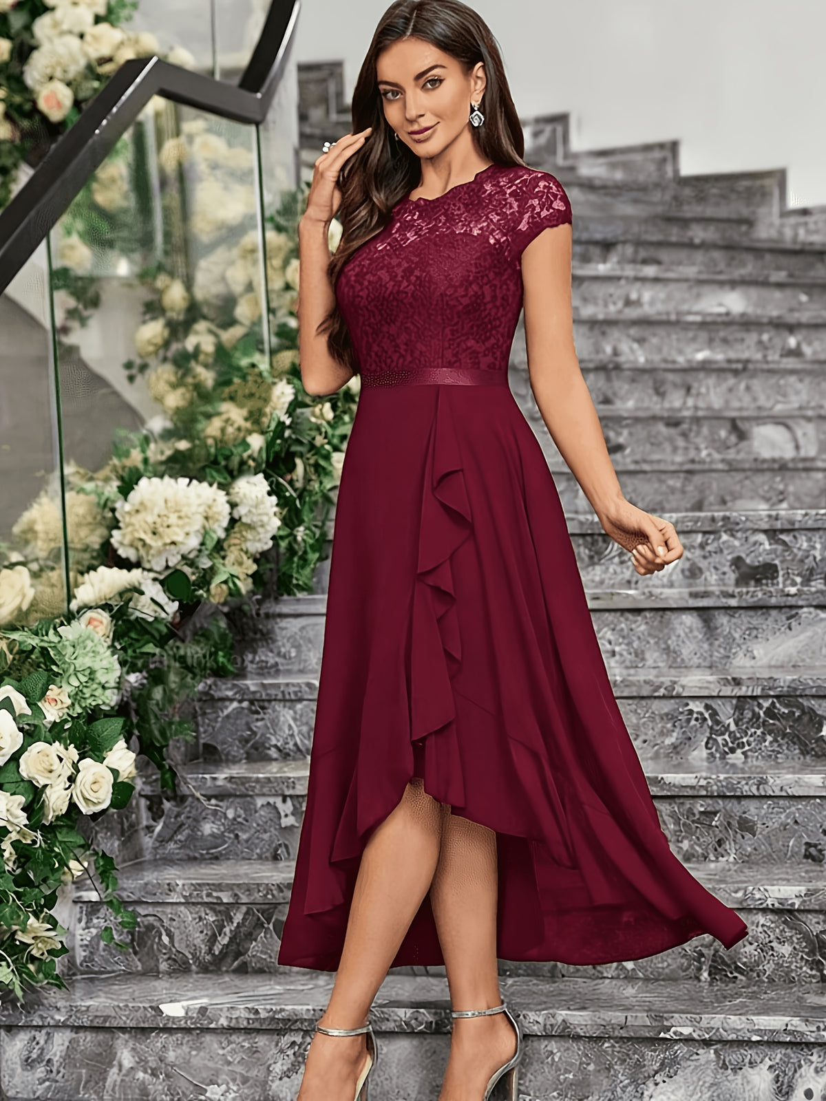 Global Latest Style French Christmas Exclusive Women'S Wear Elegant Dress Slim Lace Hollow Out Patchwork Solid Color No Print Wedding Guest Outfit Short Sleeve Round Neck Dress - Deep Red