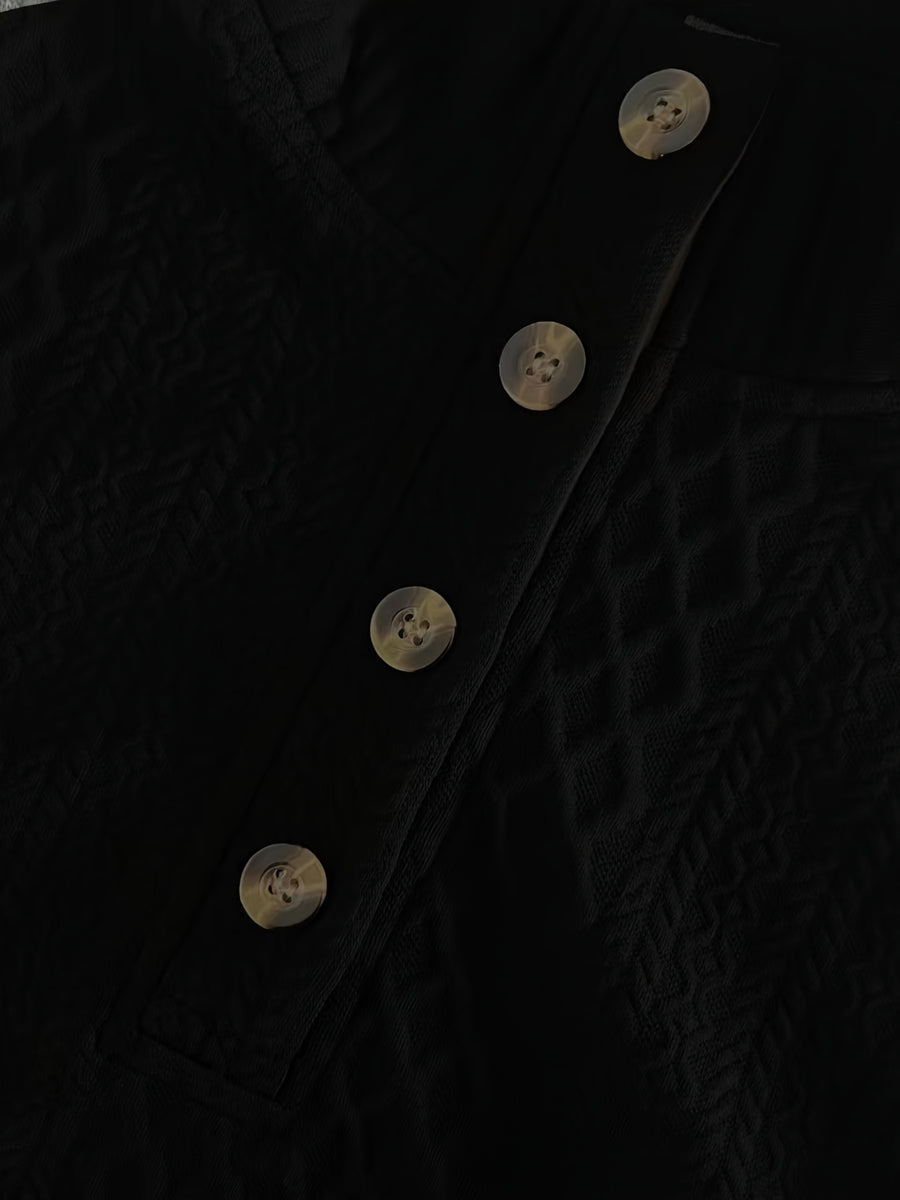 Men's Stand Collar Textured Jacquard Knit Henley Shirt with Light Luxury Buckle Patchwork, Long Sleeve Autumn/Winter Business Top - Black