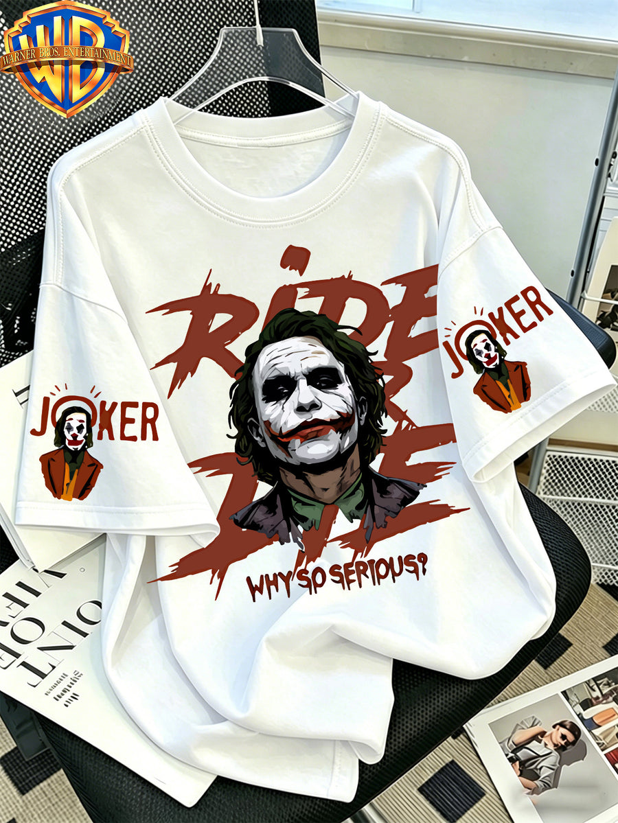 Warner Bros. Official - Batman Dark Knight Heath Ledger Joker Printed T-Shirt, Men'S 100% Casual And Comfortable Multi Functional Loose Summer Short Sleeved T-Shirt, Suitable for Outdoor And Daily Wearing - White
