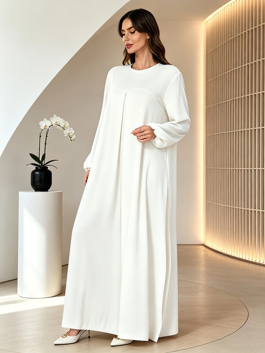 1pc Elegant Holiday Style Loose Wrinkled Versatile Solid Color Suitable for Daily Wear Comfortable Casual Loose Comfortable Women'S Abaya Dress. Abayas for Women Dubai Long Dresses for Women Abaya Damen Ladies Abaya Robe Long Sleeve Women - White