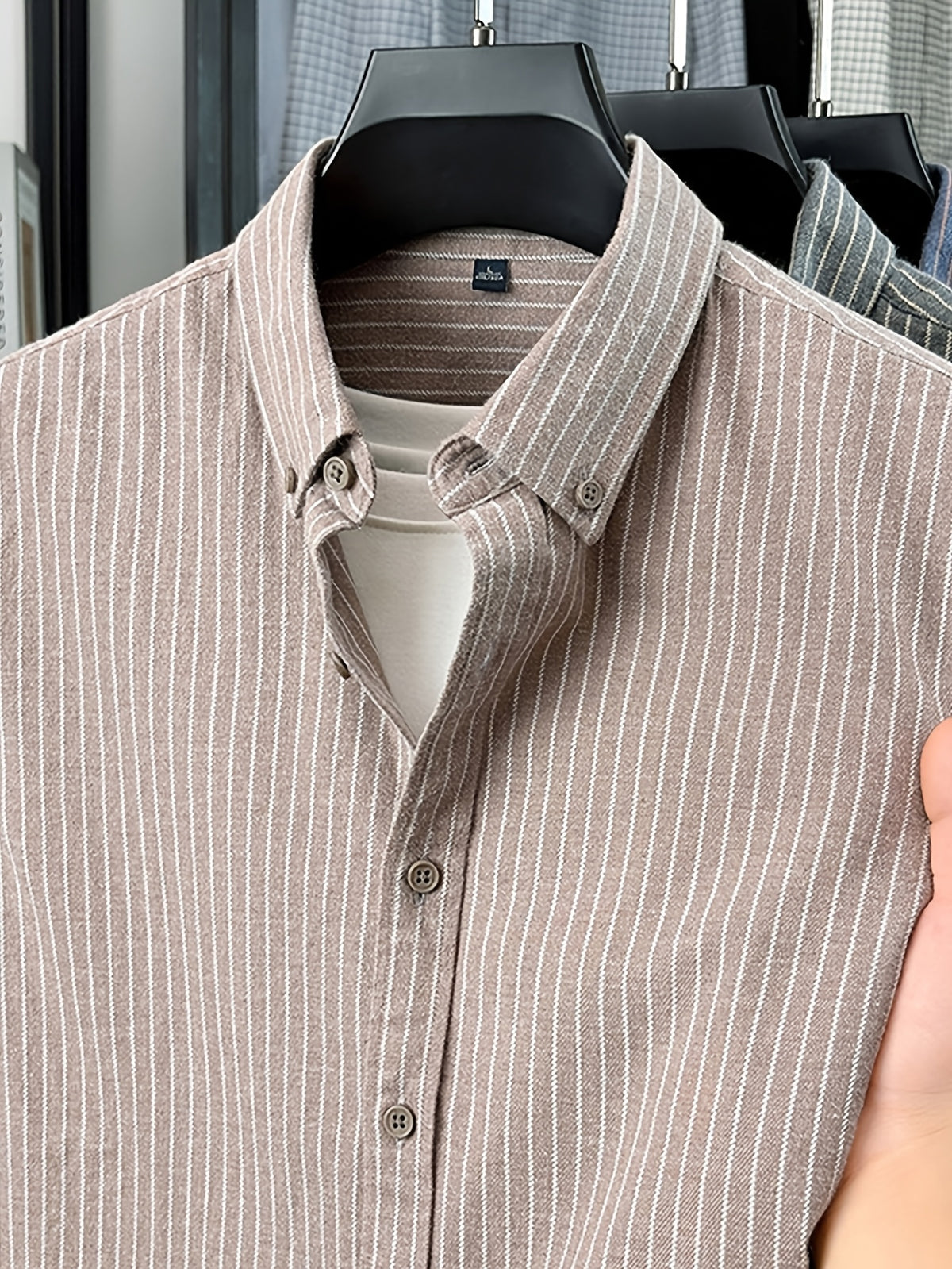 Men'S Pinstripe Long Sleeve Shirt, Button-Up Point Collar Design, Easy Retro Style, Suitable for Spring/Autumn, Can Be Worn As Base Layer in Early Winter - SINBOS - Coffee Sticks