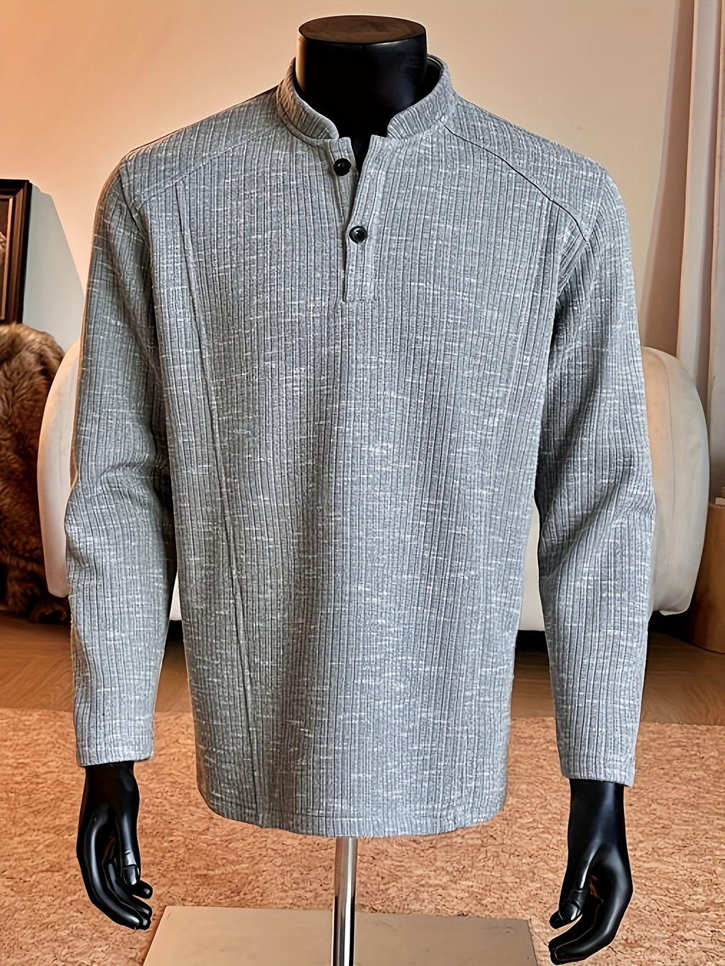 Autumn/Winter Striped Men's Loose Long Sleeve Casual Stand Collar -Lined - Gray Green