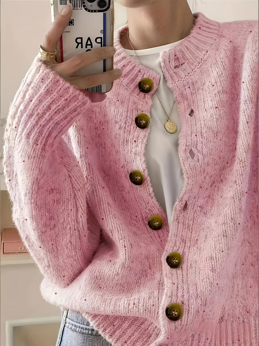 Women's Casual Colorful Button-front Cardigan with Soft Long Sleeves, Round Neck, Light-weight Fashion Candy-colored Dot Pattern, Casual and Elegant Garment | Stretch Fabric Cardigan Suitable for Casual Attire - Pink Color