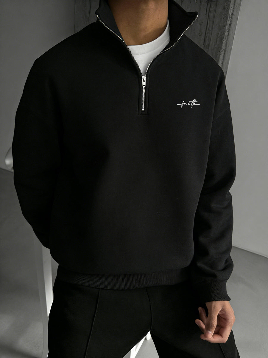 Heavyweight -Lined Stand Collar Half-Zip Cardigan with Skin-Friendly Polar Lining, Simple and Versatile Men's Long-Sleeve Top - Black