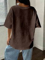 Women's Oversized Round Neck T-Shirt - Lightweight Short Sleeve Blouse Basic Solid Color Top | Spring Summer Casual Loose Fit Pullover, Machine Washable Suitable for Casual Attire, Office, Lounge & Layering - Coffee Color
