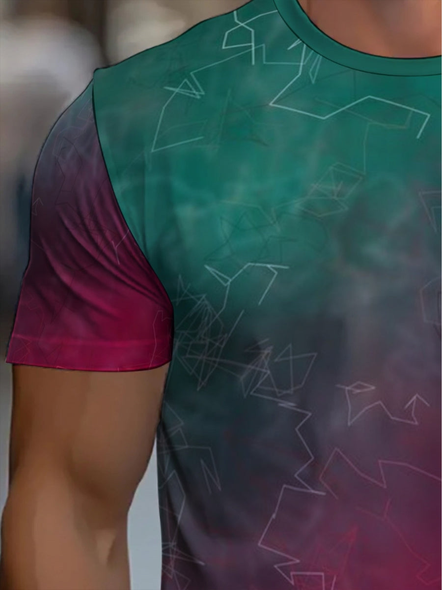 Men's Gradient Tie-Dye T-Shirt - Ombre Green to Red Color Shift, Soft Breathable Fabric, Lightweight Round Neck Casual Shirt Suitable for Gym, Outdoor & Casual Attire, Machine Washable Suitable for Home, Fitness, and Outdoor Activities - Mixed colors