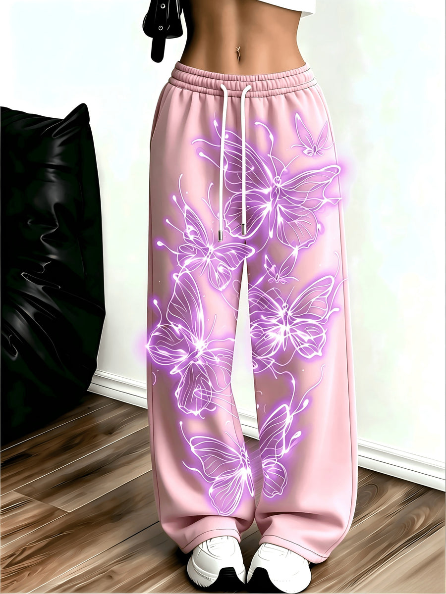 Women's Neon Butterfly Glow-in-the-dark Pattern Jogging Pants with Pockets, Elastic Waistband, and Straight-leg Design - Mixed Color 2