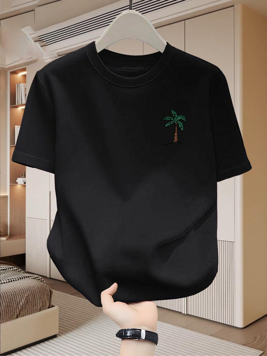 New Summer Men'S Pure White Round Neck Short Sleeve T-Shirt with Left Chest Easy Palm Tree Small Print Vacation Style Casual Loose Breathable Daily Commute All-Match Short Sleeve T-Shirt Top - Black