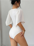 Ladies Elegant New V-Neck Texture Bust Pleats Ruffle Sleeves Slim Waist Elegant Jumpsuit, V-Neck Asymmetrical Cuffs Bodysuit Top - Apricot