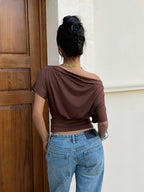 Gauze Off-Shoulder Short-Sleeve Top, Open-Shoulder One-Piece T-Shirt - Dark Brown