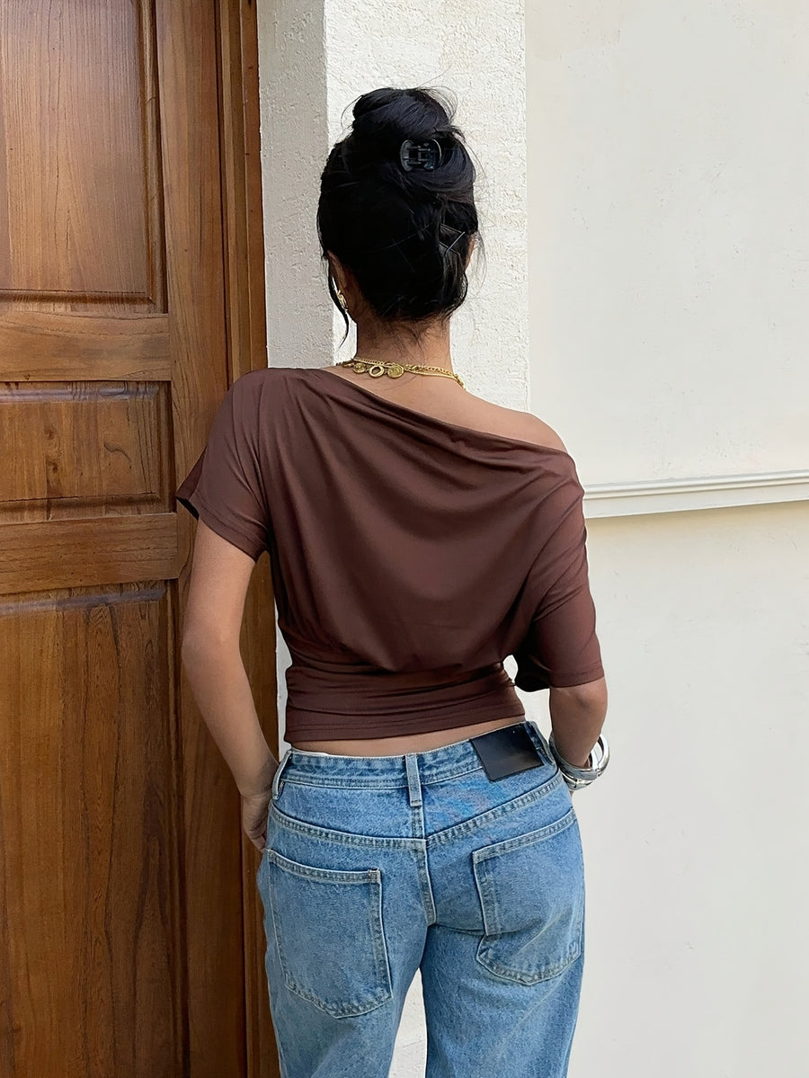Gauze Off-Shoulder Short-Sleeve Top, Open-Shoulder One-Piece T-Shirt - Dark Brown