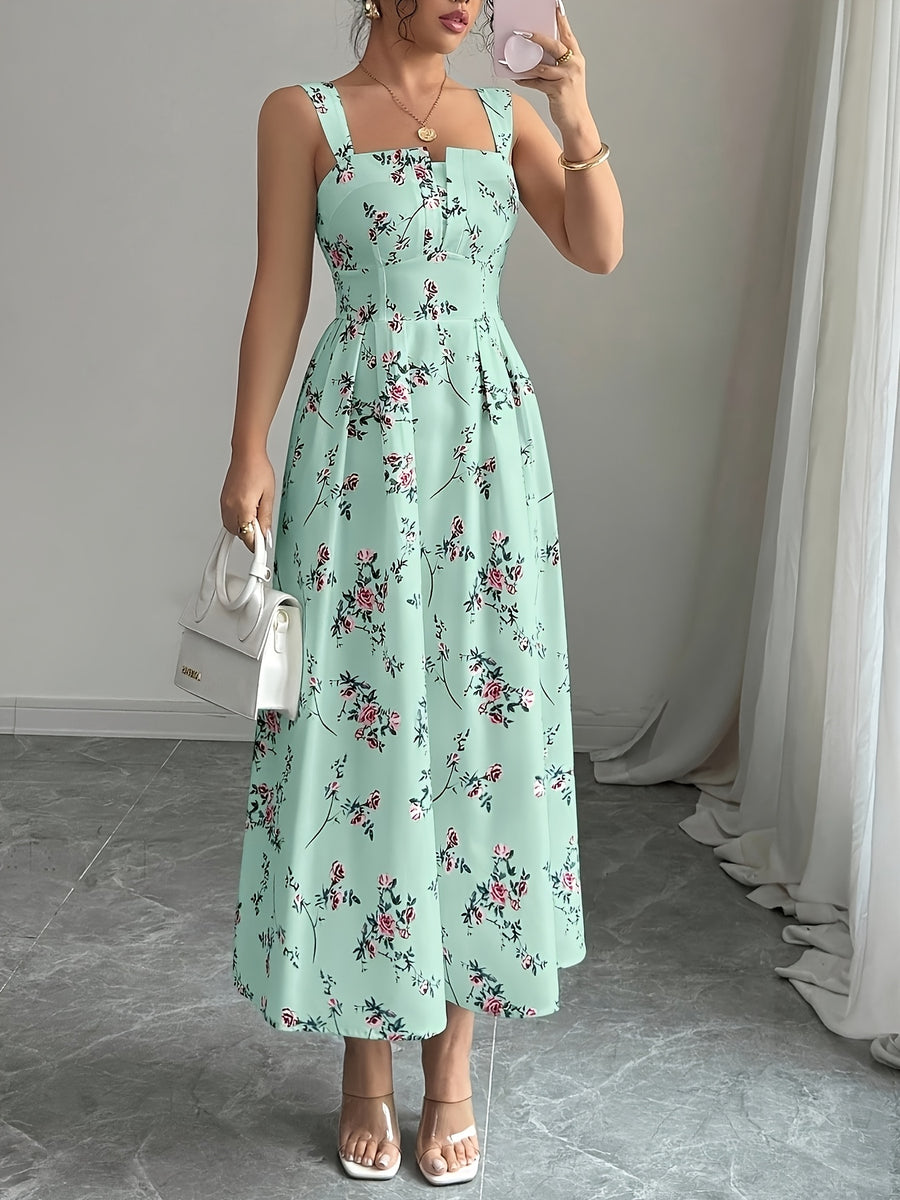 New Spring And Summer Casual French Printed Suspender Long Dress, Square Collar Waist Design, Elastic Band on The Back, A-Line Printed Skirt, Suitable for Vacation, Commuting, Dating And Other Occasions, And Retro Elegant. Perfect for All Occasions - Green