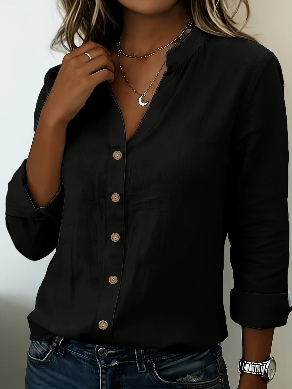 According ToFashionable V-neck Bamboo-joint Style Women's Long-sleeved Shirt - Black