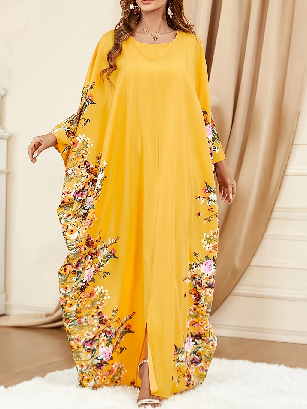 Elegant Batwing Sleeve Maxi Dress for Women - Lemon Yellow