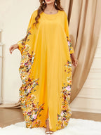 Elegant Batwing Sleeve Maxi Dress for Women - Lemon Yellow