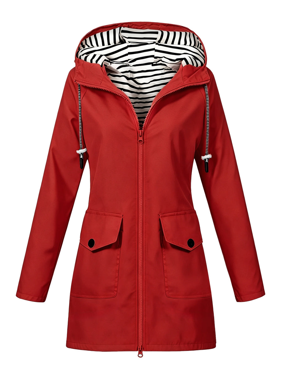 Women'S Hooded Outdoor Pocket Zipper Casual Mid-Length Trench Coat - γRedγ
