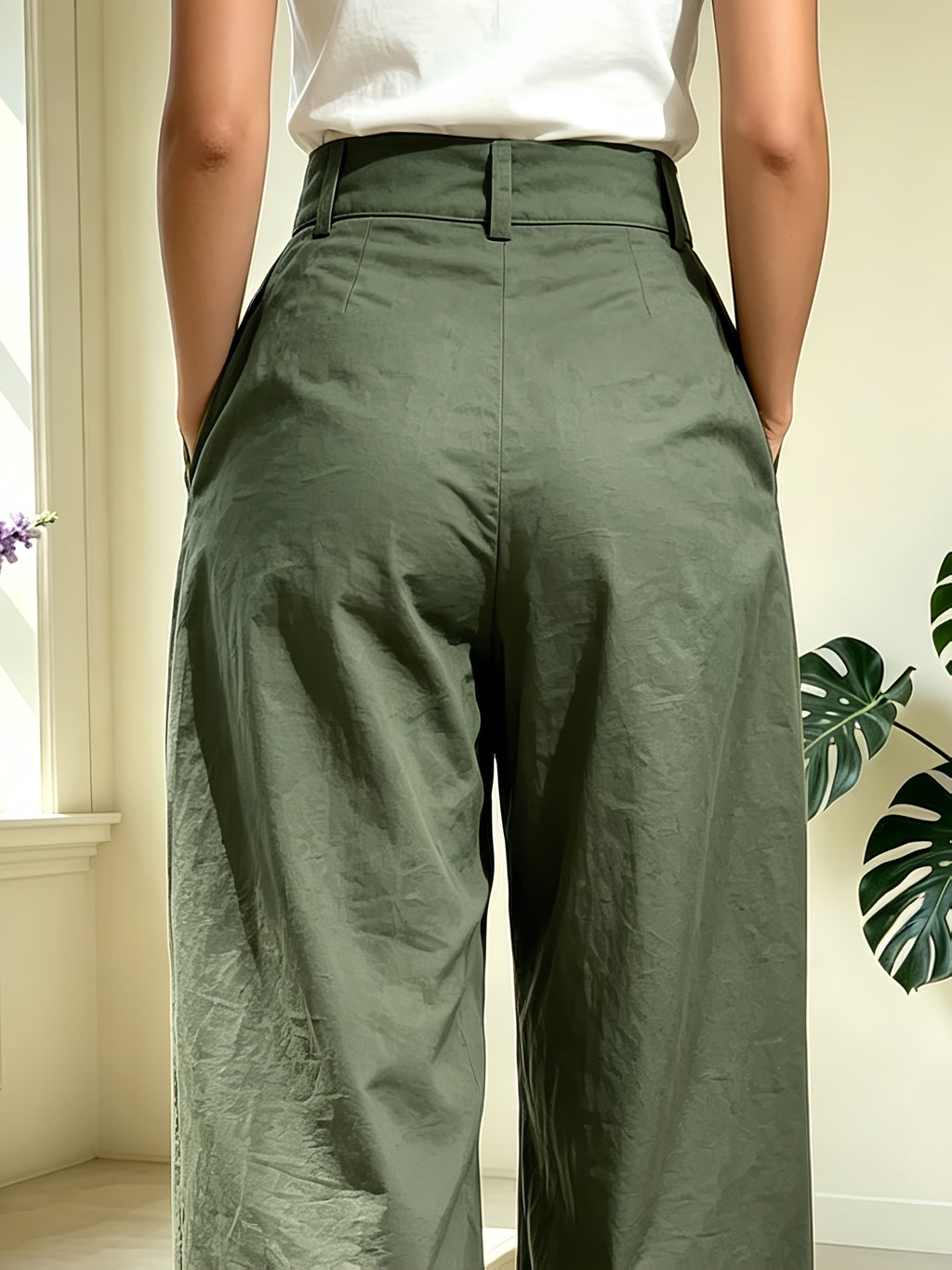 BK260320219 Vintage High-Waist Loose Casual Trousers Women'S Casual Commute Daily Wear, Side-Pocket Solid-Color Long Pants, High-Waist Soft Fabric Casual Trousers - Solid-Color Versatile Loose Pants - Summer Women'S Clothing - Olive Green