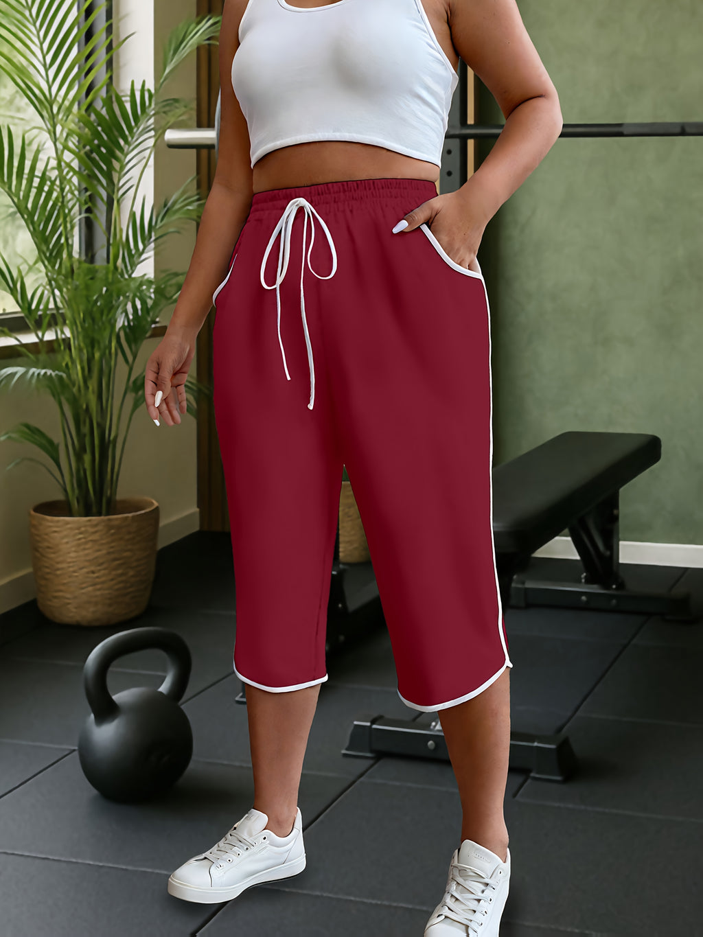 New Spring And Summer Solid Color Casual Comfortable Mid-Length Sweatpants For, Fitness, And with Pockets - Red