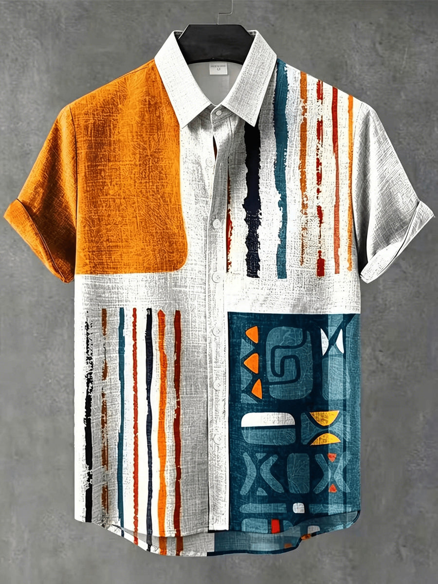 Men's Vintage Shirt - Lapel Collar with Button Front, Suitable for Formal and Casual Occasions, Summer Vacation and Leisure Wear - Easy Care Machine Washable, Versatile Item, Geometric Pattern Design, Textured Fabric, Short Sleeve Top, Men's Standard - Multicolor