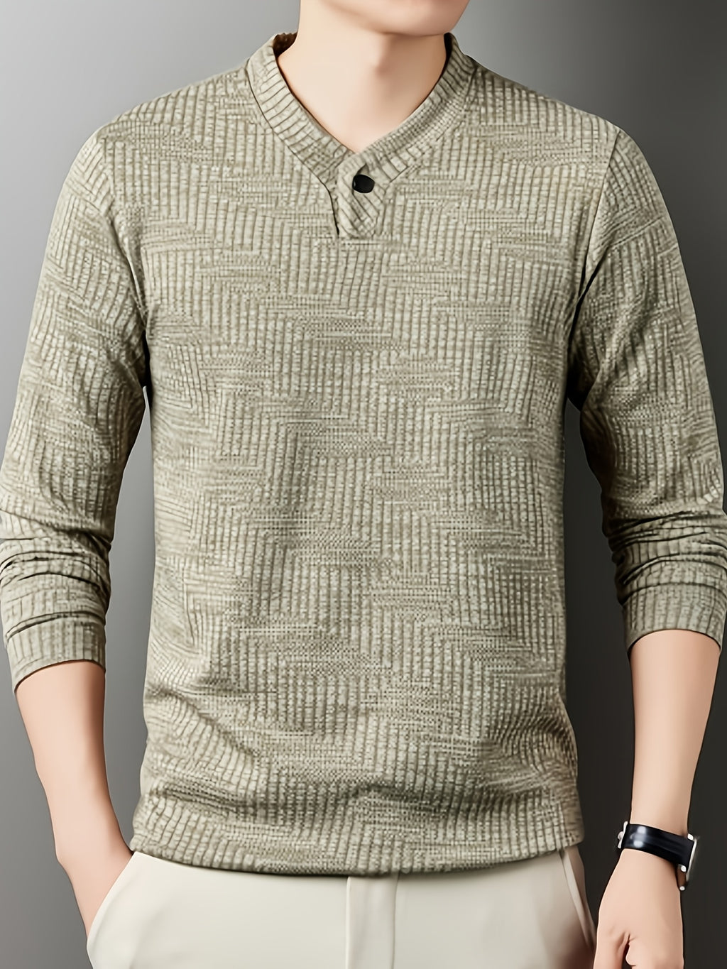 Men's Henley Collar Single-Button Long-Sleeve T-Shirt, Textured Jacquard Knit Top, Spring/Autumn Business Casual Daily Commute Base Layer Shirt - Khaki 1