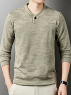 Men's Henley Collar Single-Button Long-Sleeve T-Shirt, Textured Jacquard Knit Top, Spring/Autumn Business Casual Daily Commute Base Layer Shirt - Khaki 1