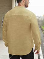 Men's Lightweight Thin Striped Stand Collar Half-Placket Solid Color Long Sleeve Shirt WISH Twill Loose Vintage Shirt - Khaki