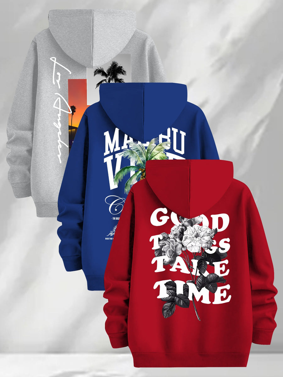 3pcs Trendy Print Sweatshirt, Men's Casual Hooded Sweatshirt, Long-sleeve Pullover, Slightly Stretchy, Knitted Polyester Fabric, Regular Fit Men's Hoodie - Blue+red+gray