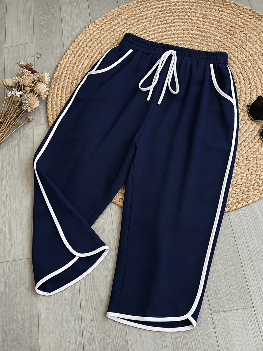 Women'S Pants, Easy Lazy Style American Retro Capri Pants, Elastic Waist Drawstring Design, Loose Contrast Trim Capri Pants, Comfortable Home Casual Trousers - Navy Color