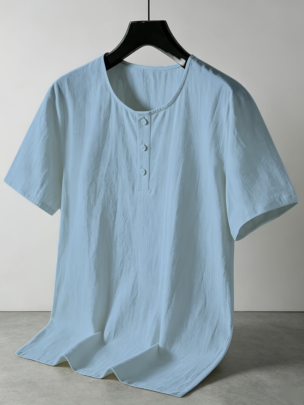 Men'S Summer -Linen Half-Zip Short Sleeve T-Shirt - Sky Blue