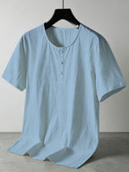 Men'S Summer -Linen Half-Zip Short Sleeve T-Shirt - Sky Blue