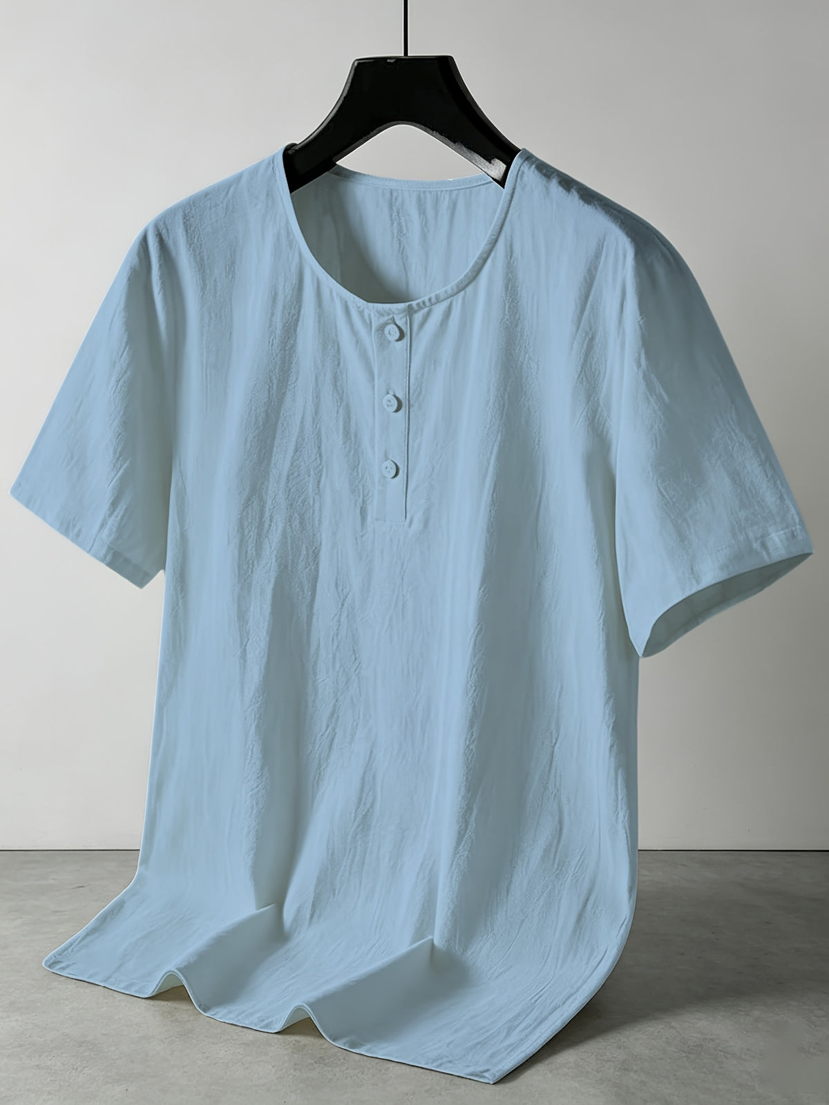 Men'S Summer -Linen Half-Zip Short Sleeve T-Shirt - Sky Blue