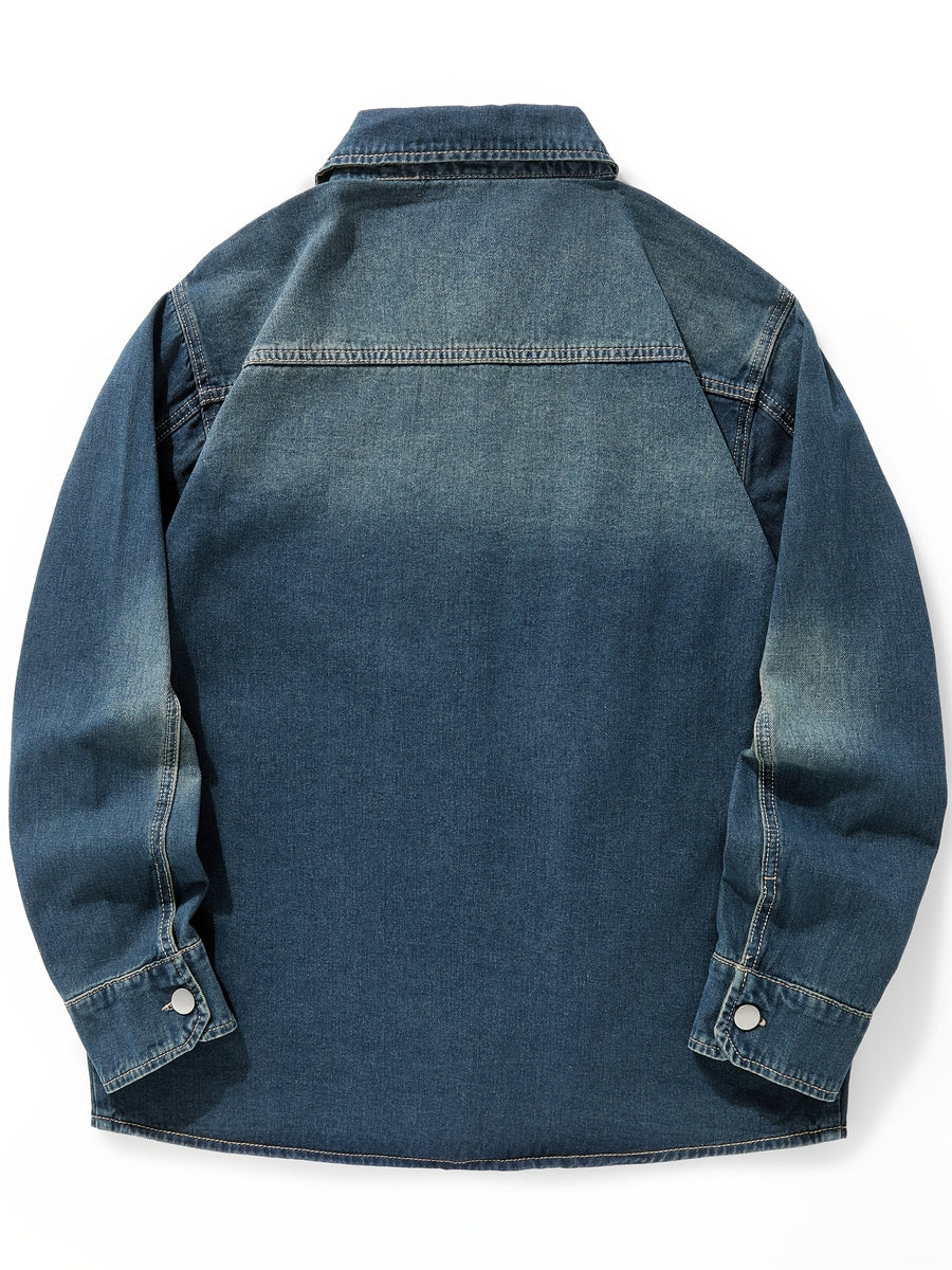 Vintage Washed Denim Shirt Men'S Spring Autumn Loose Cargo Shirt Heavyweight Casual Long Sleeve Jacket Versatile Top - Sea Blue