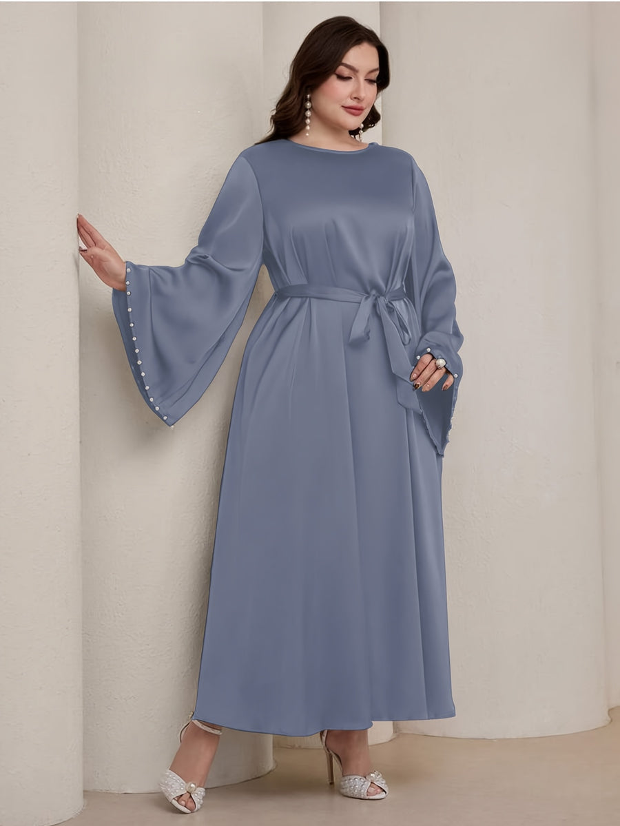 1pc Slim-fit Stretch Abaya Sleeve Front Zipper A-line AbayaElegant Flowing Muslim Robe Convenient Daily Islamic Women's WearStretch Sleeve Front Zipper AbayaSuitable for Daily Commuting, Gatherings with Family Friends, and Islamic Festive Occasions - Dark Gray
