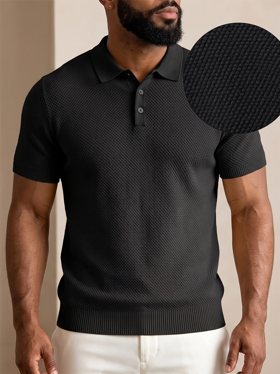 Men's Mature Business Style Knit Polo Shirt, 100% Pure Fabric, Breathable and Skin-friendly. Honeycomb Texture Jacquard Design, Simple Solid Color, Paired with a Three-button Lapel Collar, Clean Cut for a Flattering Fit. Suitable for Summer Commuting - Soot Black
