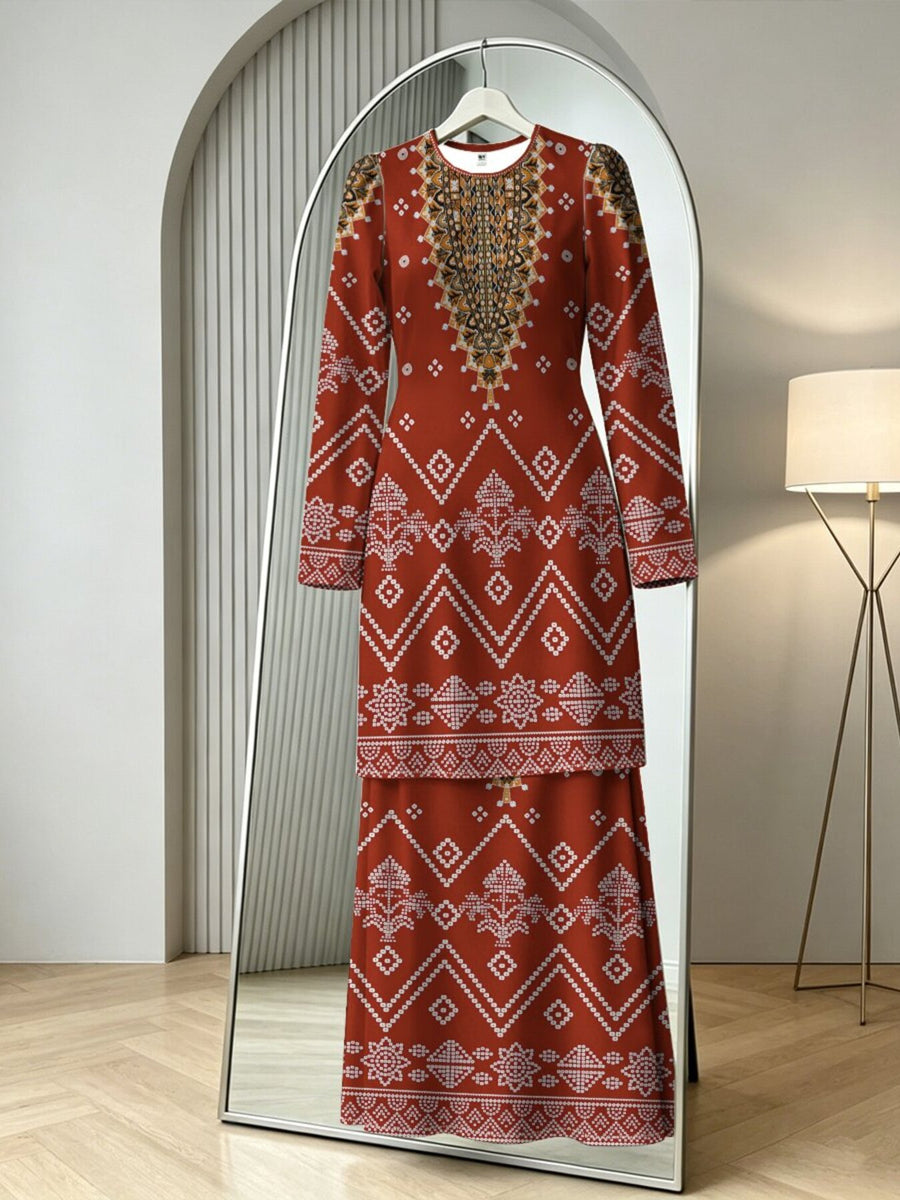 2pcs Women'S Middle Eastern Hot Style Muslim Robe Set, Non-Embroidered Printed 2pcs Set, Long Top And Flared Long Skirt, Dubai Islamic Conservative Attire, Ramadan Holiday Prayer Wear, Loose And Dignified Long Sleeve Muslim Women'S Clothing - Mixed colors