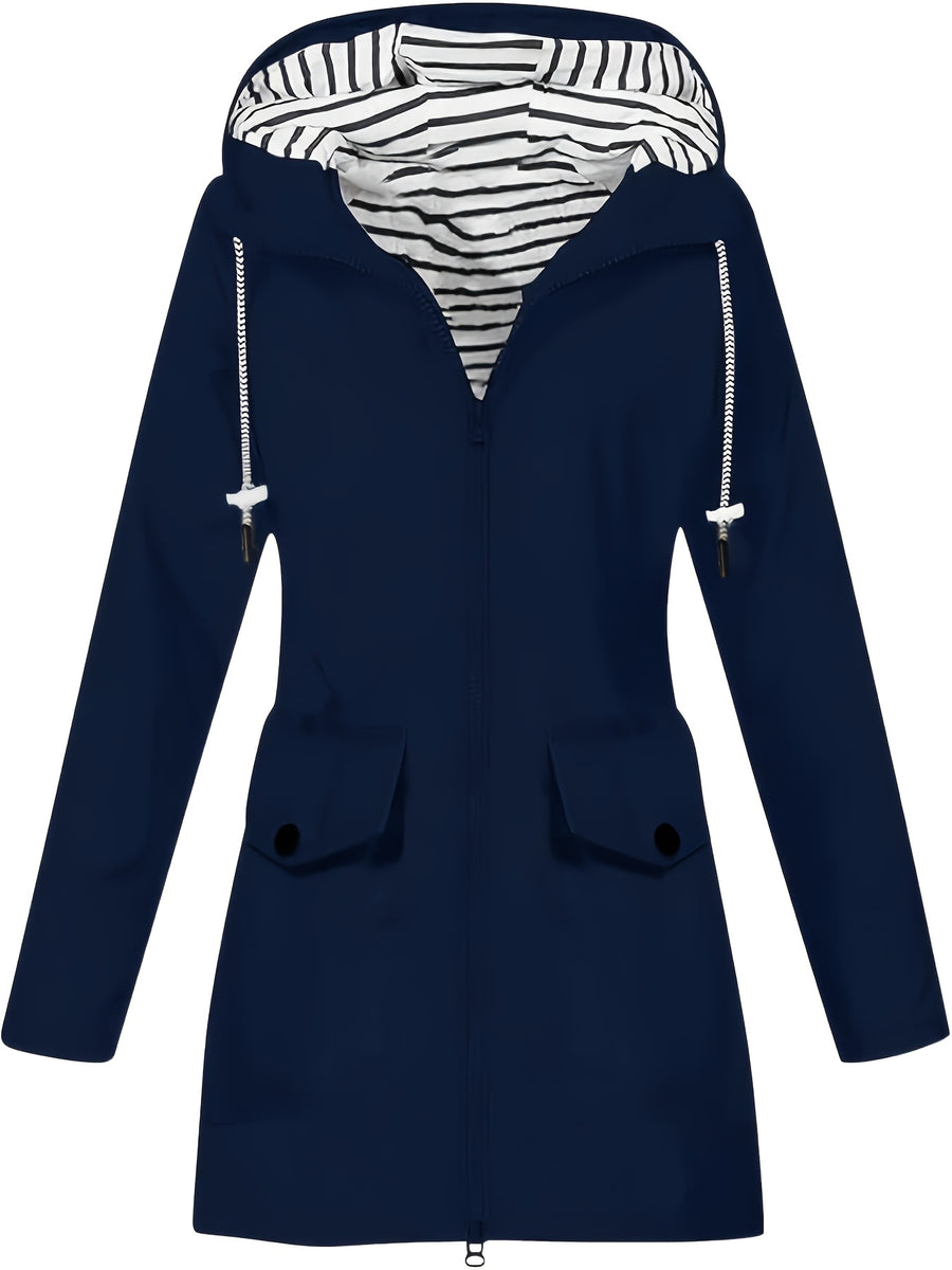 Women's jacket hooded lightweight outdoor long hooded windbreaker - Navy Color