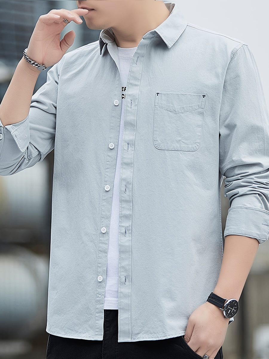 [Uomo Le Mi OBM] 1pc Spring/Autumn New Men'S Formal Shirt, Solid Color Lapel Pocket Open-Front Long Sleeve Shirt, Men'S Business Casual Fashion Versatile Shirt Jacket, Suitable for Spring And Autumn Single Wear Or Outerwear, Fits Daily And Casual - Light Blue