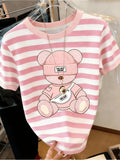 Printed Design – Not Textured: Women's Casual Striped Bear Print Crew Neck T-Shirt, the Perfect Summer Gift for Women - Mixed colors