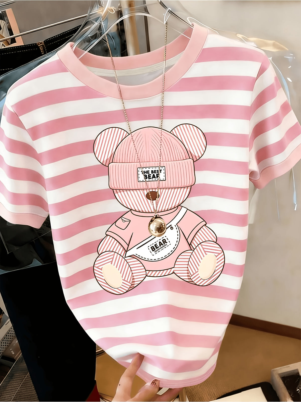 Printed Design – Not Textured: Women's Casual Striped Bear Print Crew Neck T-Shirt, the Perfect Summer Gift for Women - Mixed colors