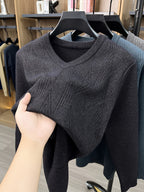 Men'S Autumn Winter New Casual Easy Long Sleeve Knit V-Neck Warm Sweater - Black Gray