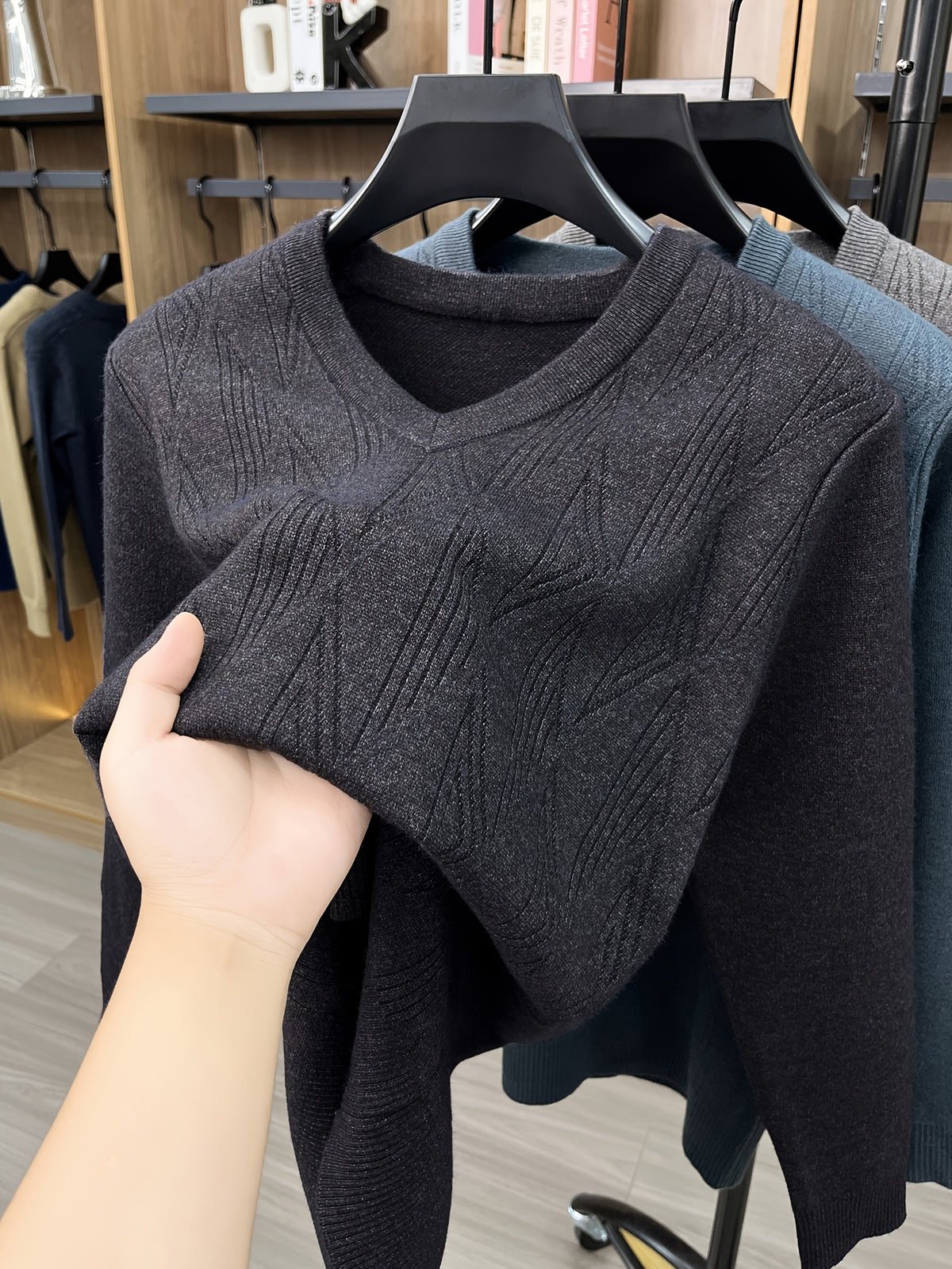 Men'S Autumn Winter New Casual Easy Long Sleeve Knit V-Neck Warm Sweater - Black Gray