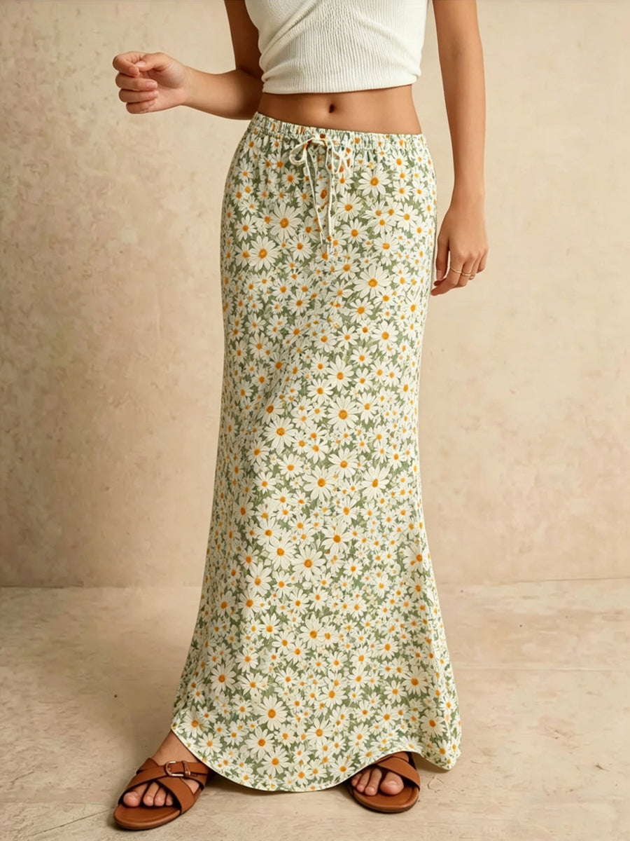 Women's Daisy Print High-Waisted Mermaid Skirt with Drawstring Elastic Waist, Draped and, Vacation Style Maxi Dress - Matcha Color