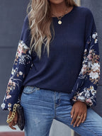 Holiday Floral Print Lantern Sleeve T-Shirt - Blue