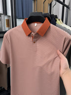 Men's Short-Sleeve Lapel Polo Shirt - Breathable Summer Business Casual T-Shirt with Striped Collar, Half-Sleeve Suitable for Office, & Semi-Formal Wear - Tongsen Store 1 (Regular Fit) - Tangerine