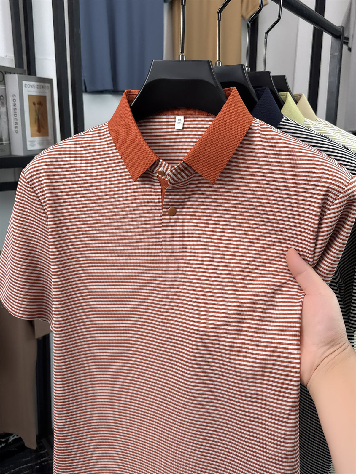 Men's Short-Sleeve Lapel Polo Shirt - Breathable Summer Business Casual T-Shirt with Striped Collar, Half-Sleeve Suitable for Office, & Semi-Formal Wear - Tongsen Store 1 (Regular Fit) - Tangerine