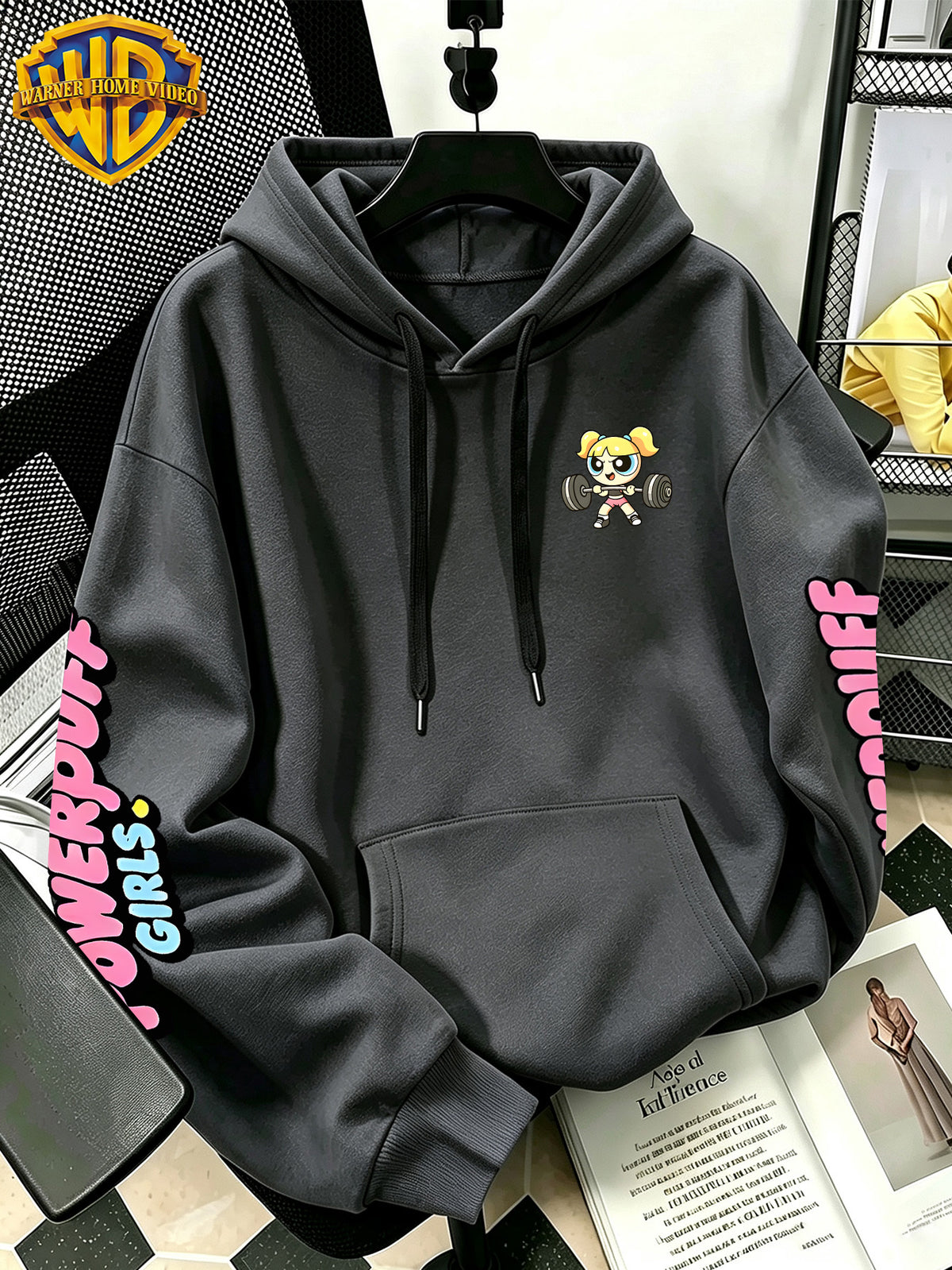 Warner Bros Official Dumbbell Bubble Cartoon Print Hoodie - Men's Fashion Hoodie with Adjustable Drawstring, Loose and Comfortable Sweatshirt, Suitable for Daily and Outdoor Sports Wear, the Perfect Choice for Warmth in Autumn and Winter! Sizes - Dark Gray