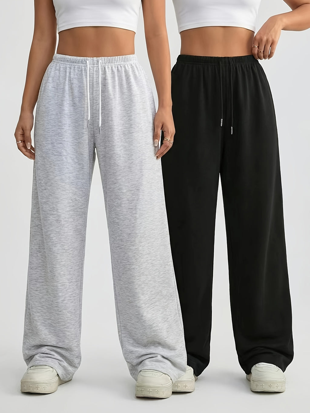 2pcs Women's Casual Wide-Leg Pants, Elastic Waistband - Loose-Fit Medium-Stretch Fabric, Machine Washable, Spring/Summer/Autumn Casual Wear, Jogging, Home Wear Medium-Stretch Trousers - Black+Light Grey