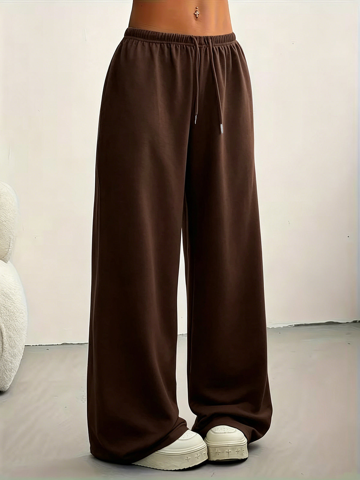Drawstring Elastic Waist Wide Leg Sweatpants Women'S Loose Lazy Style Casual Versatile Long Pants - Coffee Brown