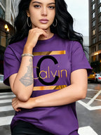 Calvin, Spring and Summer Graphic Print T-shirt, Short Sleeve Crew Neck Casual Top for Summer & Spring, Women's Clothing - Deep Purple